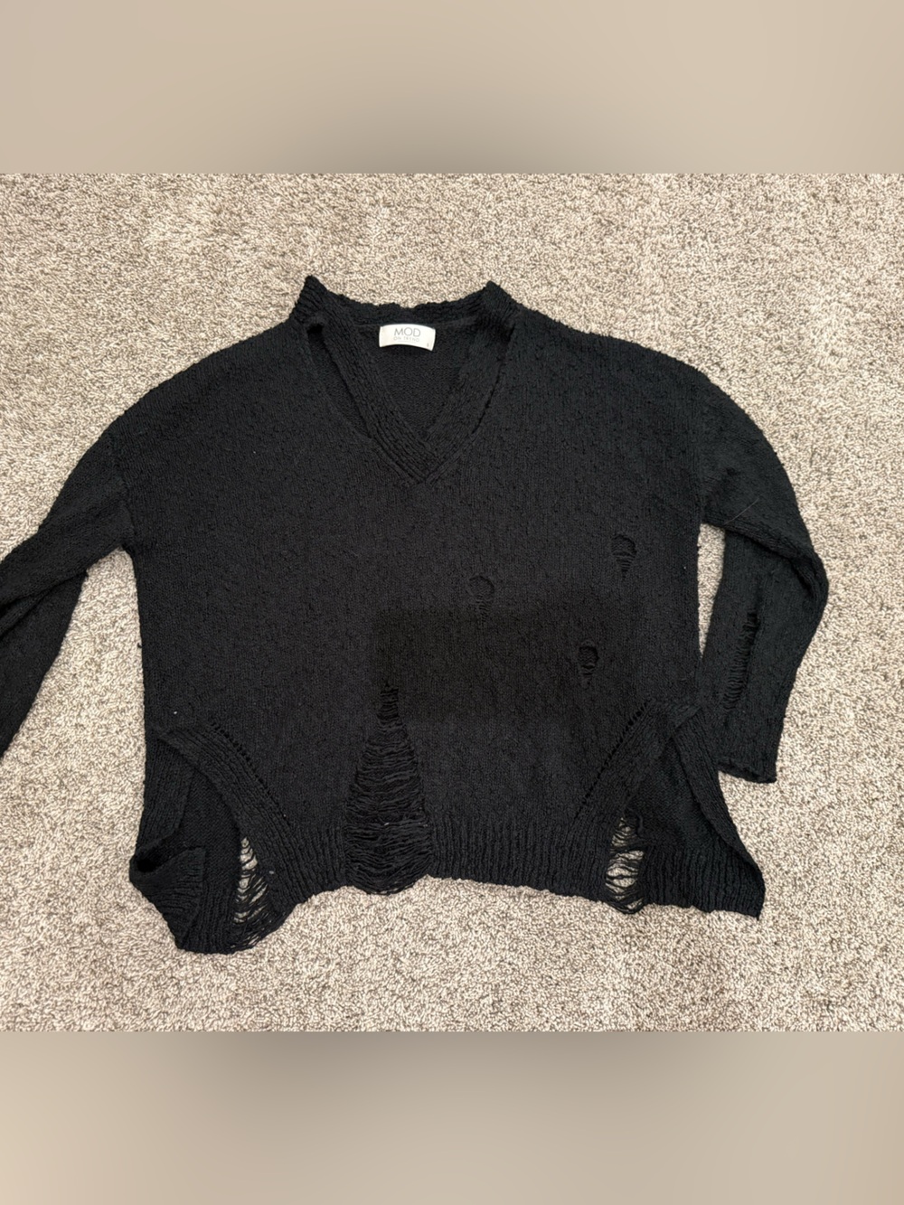 Mod on TrendDistressed V-Neck Knit Sweater - Black